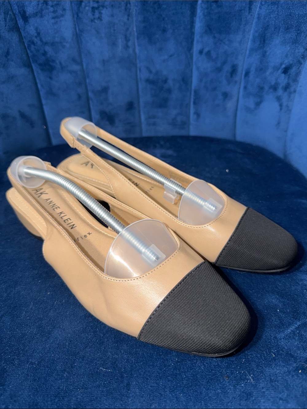 Anne Klein Beige Slingback Flats with Black Cap Toe Size 9.5